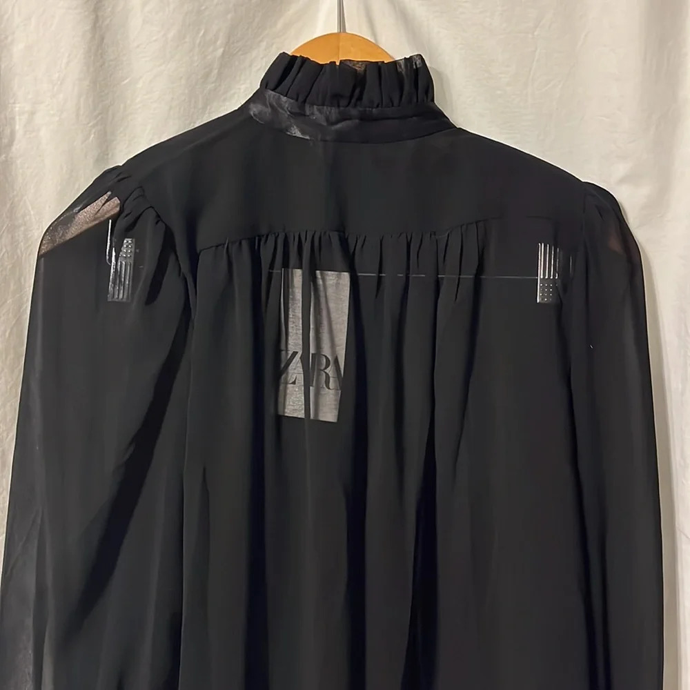 Zara Sheer Shoulder Pad Collared Nexk Tie Goth Blouse NWT - Picture 7 of 8